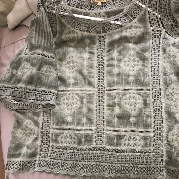 Lovely greenish gray top crochet accents by Democracy.23 inches long from back - Picture 6 of 9